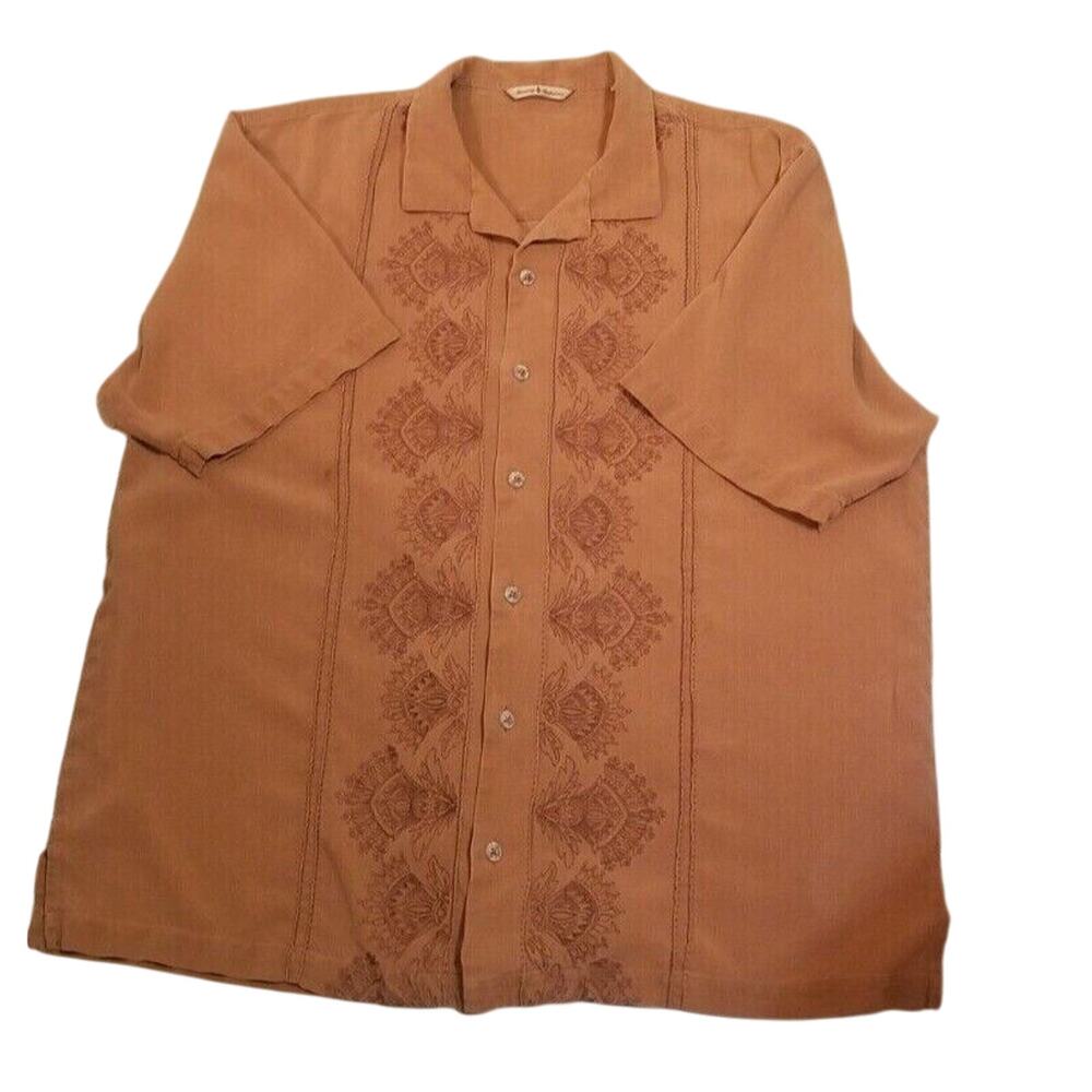 Tommy Bahama 100% Silk Cinnamon Palm Tree Short Sleeve Casual Size XL